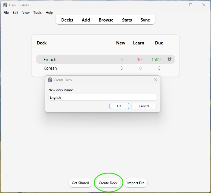 A screenshot of the Anki main window showing the button for Create Deck and the pop-up window to name the new deck. I named it English.